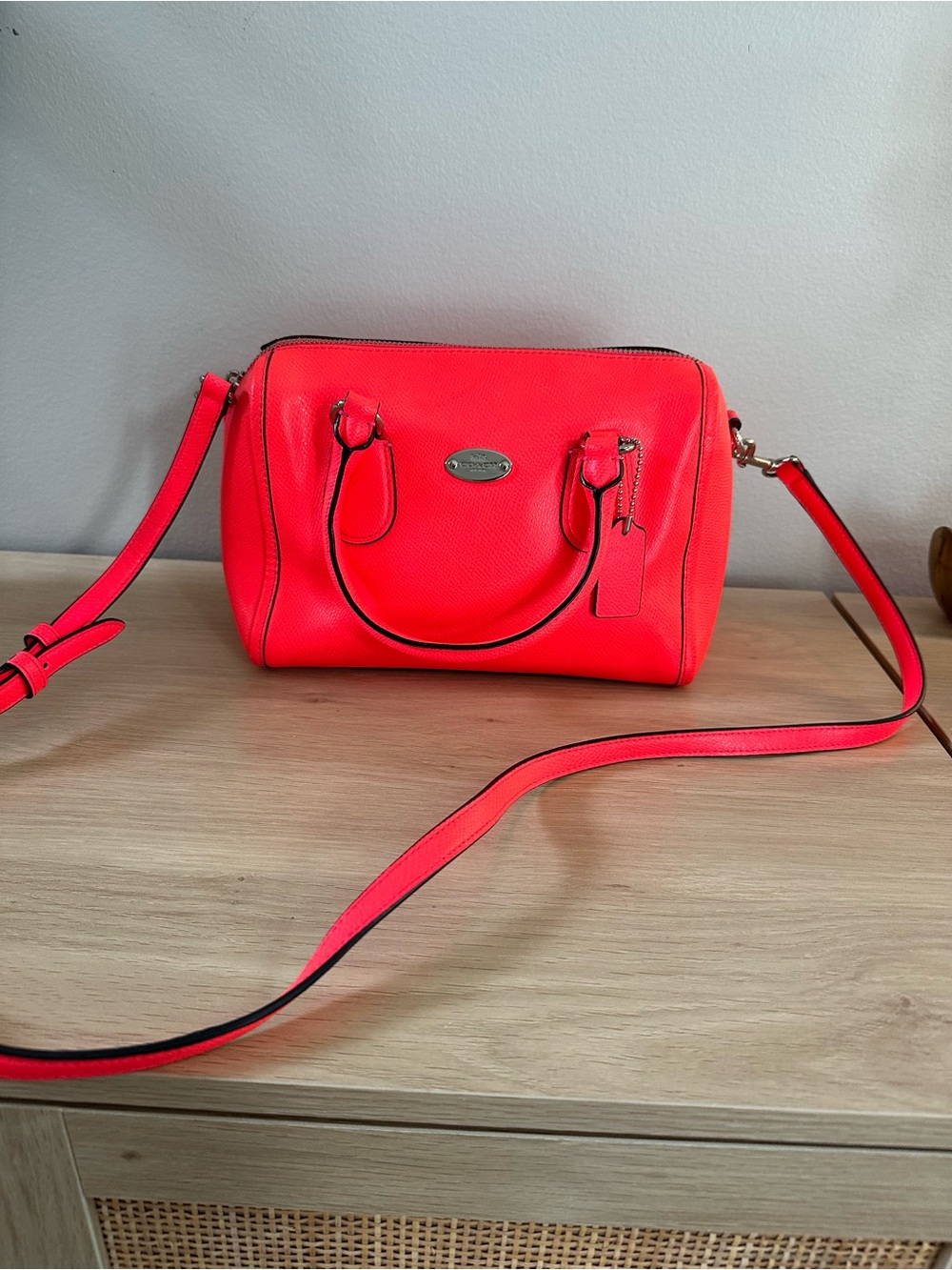 Coach Bright Neon Pink Pebbled Leather Satchel, Mini Bennett Handbag - Picture 2 of 12